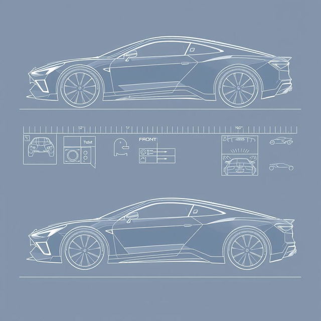 a comprehensive car body concept blueprint, showcasing front view, back view, left side view, and right side view