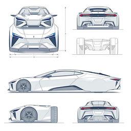 a comprehensive car body concept blueprint, showcasing front view, back view, left side view, and right side view