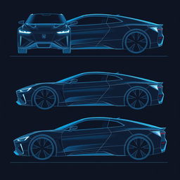 a comprehensive car body concept blueprint, showcasing front view, back view, left side view, and right side view