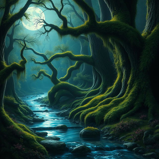 an enchanting forest with an ethereal moonlight casting a soft glow on ancient trees covered with vibrant moss