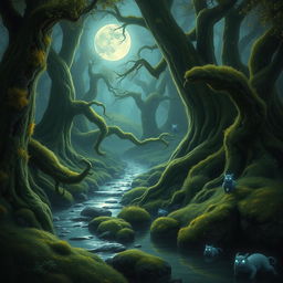 an enchanting forest with an ethereal moonlight casting a soft glow on ancient trees covered with vibrant moss