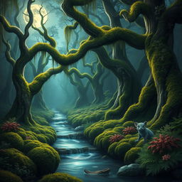 an enchanting forest with an ethereal moonlight casting a soft glow on ancient trees covered with vibrant moss