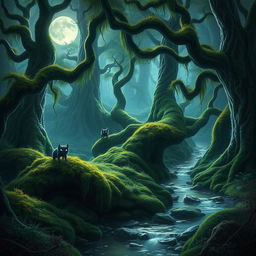 an enchanting forest with an ethereal moonlight casting a soft glow on ancient trees covered with vibrant moss