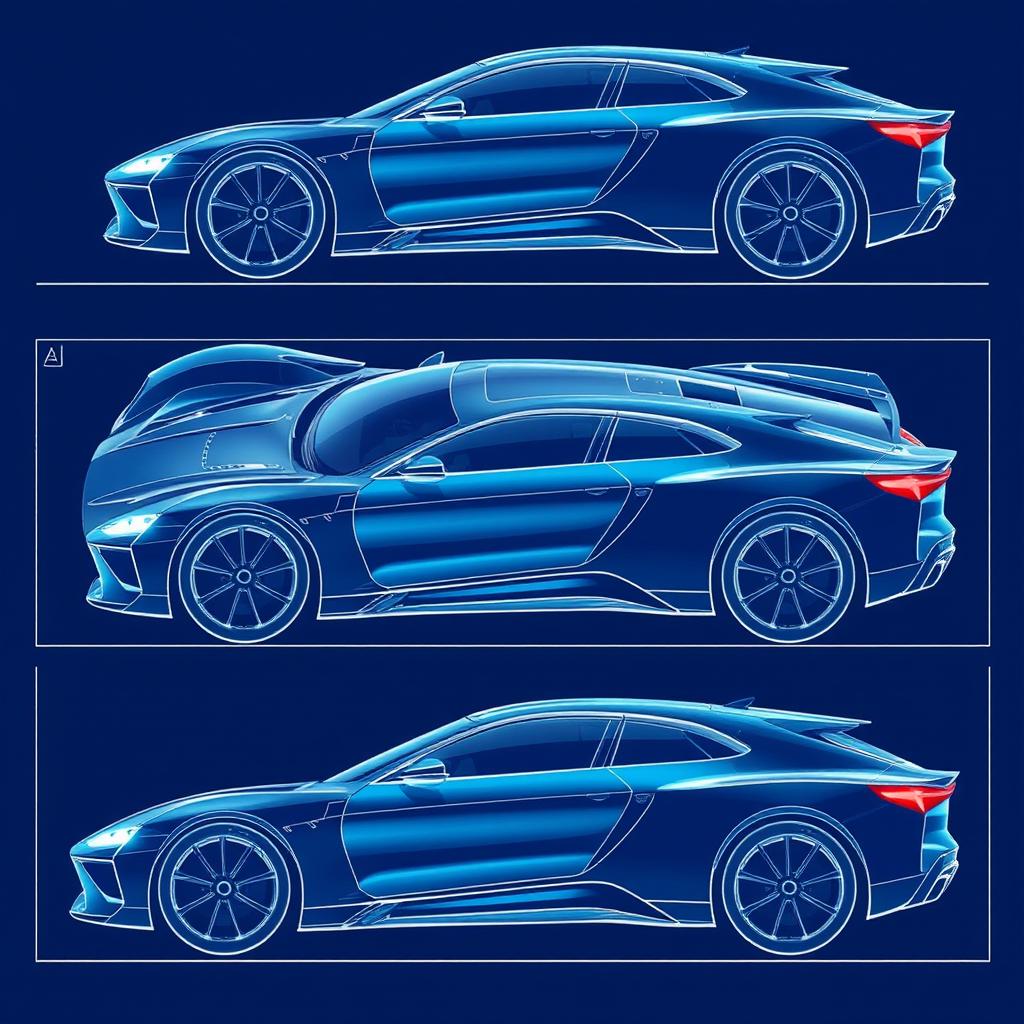 a comprehensive car body concept blueprint, showcasing front view, back view, left view, and right view