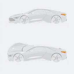 a comprehensive car body concept blueprint, showcasing front view, back view, left view, and right view