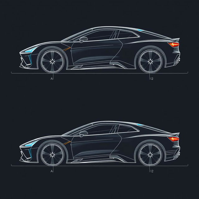 a comprehensive car body concept blueprint, showcasing front view, back view, left view, and right view