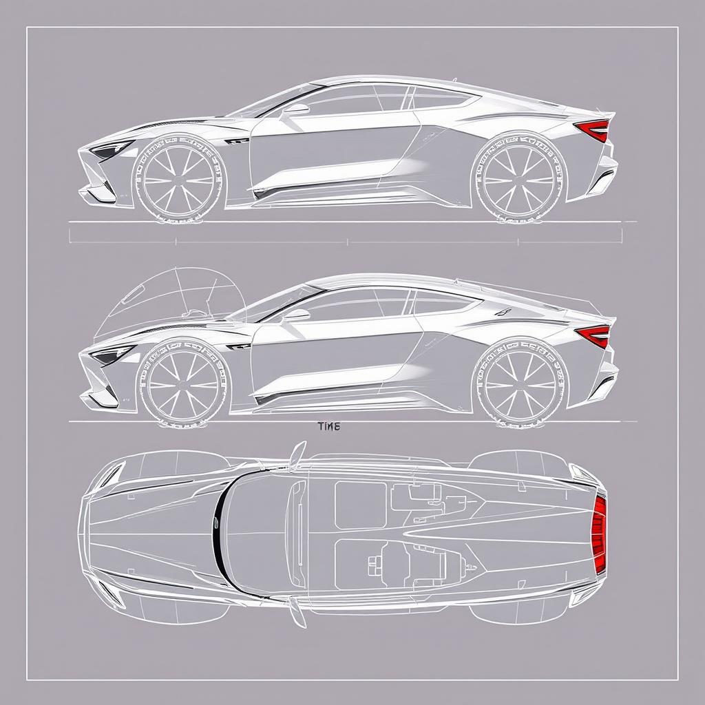 a comprehensive car body concept blueprint, showcasing front view, back view, left view, right view, top view, and bottom view