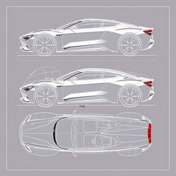 a comprehensive car body concept blueprint, showcasing front view, back view, left view, right view, top view, and bottom view