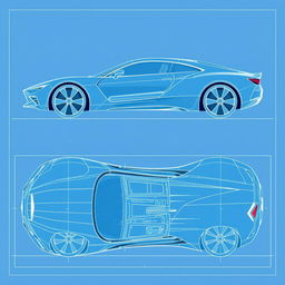 a comprehensive car body concept blueprint, showcasing front view, back view, left view, right view, top view, and bottom view