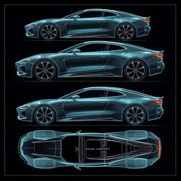 a comprehensive car body concept blueprint, showcasing front view, back view, left view, right view, top view, and bottom view