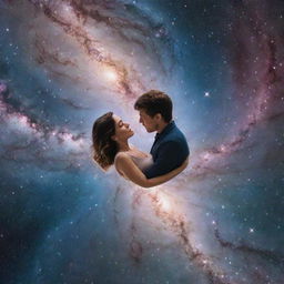 Aerial perspective portrait of two people in love, with a background composed of multiple galaxies and universes, illustrating their love in every universe.