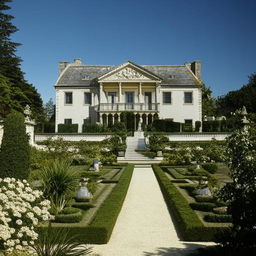 A grand, elegant house with finely detailed architecture, surrounded by a lush, serene garden under a bright, clear sky