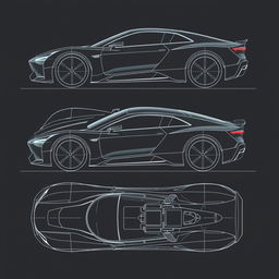 a comprehensive car body concept blueprint, showcasing front view, back view, left view, right view, top view, and bottom view