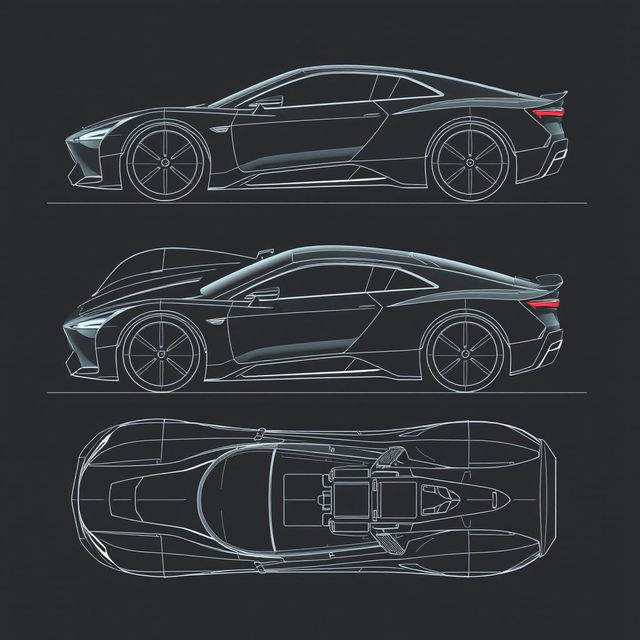 a comprehensive car body concept blueprint, showcasing front view, back view, left view, right view, top view, and bottom view