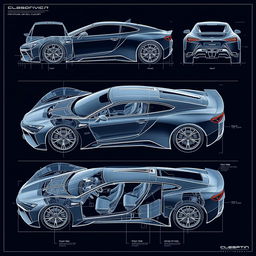 an all-encompassing car body concept blueprint, featuring every possible angle and detail