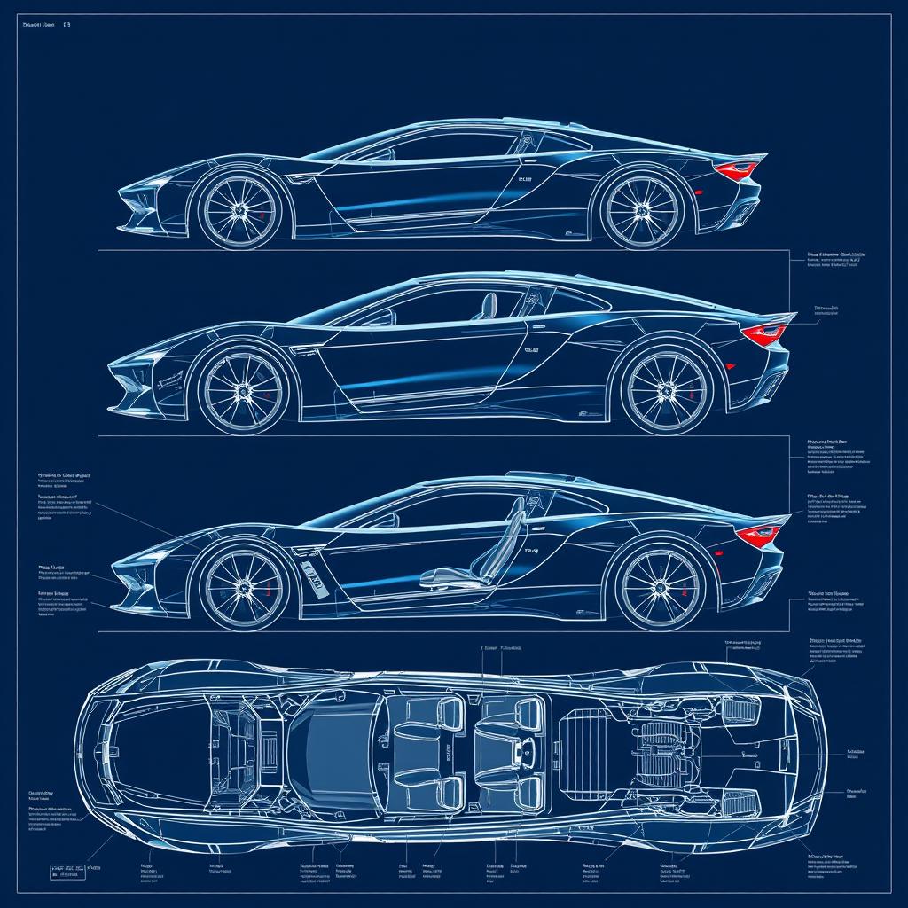 an all-encompassing car body concept blueprint, featuring every possible angle and detail