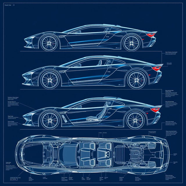 an all-encompassing car body concept blueprint, featuring every possible angle and detail