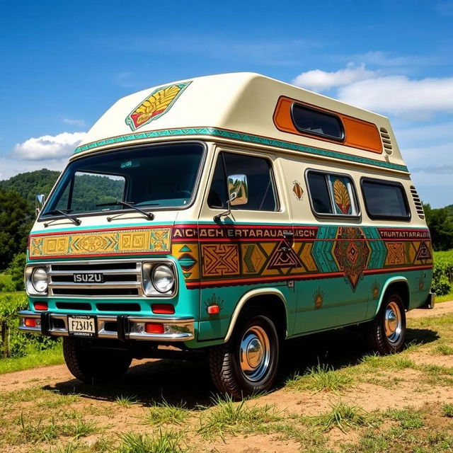 A vintage Isuzu Caravan E24 van, adorned with vibrant Aztec accents, showcasing intricate geometric patterns and symbols on the exterior