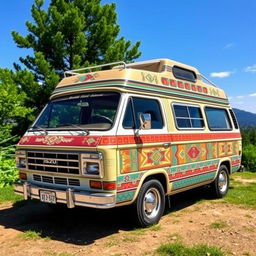 A vintage Isuzu Caravan E24 van, adorned with vibrant Aztec accents, showcasing intricate geometric patterns and symbols on the exterior