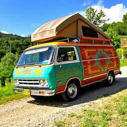 A vintage Isuzu Caravan E24 van, adorned with vibrant Aztec accents, showcasing intricate geometric patterns and symbols on the exterior