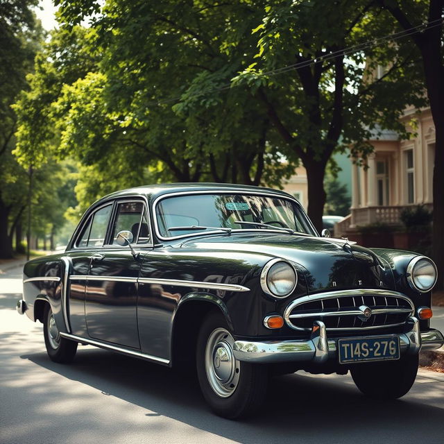 A classic Volga car, specifically the GAZ-24 model, parked along a picturesque, tree-lined street