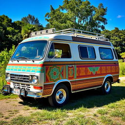 A vintage Isuzu Caravan E24 van, adorned with vibrant Aztec accents, showcasing intricate geometric patterns and symbols on the exterior