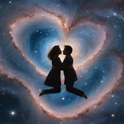 Aerial perspective portrait of two people in love, with a background composed of multiple galaxies and universes, illustrating their love in every universe.