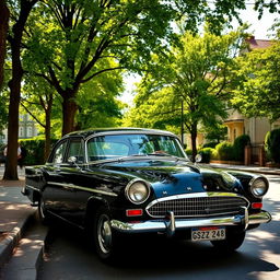 A classic Volga car, specifically the GAZ-24 model, parked along a picturesque, tree-lined street