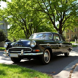 A classic Volga car, specifically the GAZ-24 model, parked along a picturesque, tree-lined street