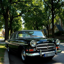 A classic Volga car, specifically the GAZ-24 model, parked along a picturesque, tree-lined street