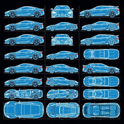 a complete collection of car body concept blueprints for a variety of vehicles, each from multiple angles