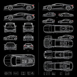 a complete collection of car body concept blueprints for a variety of vehicles, each from multiple angles