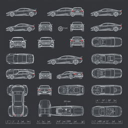 a complete collection of car body concept blueprints for a variety of vehicles, each from multiple angles