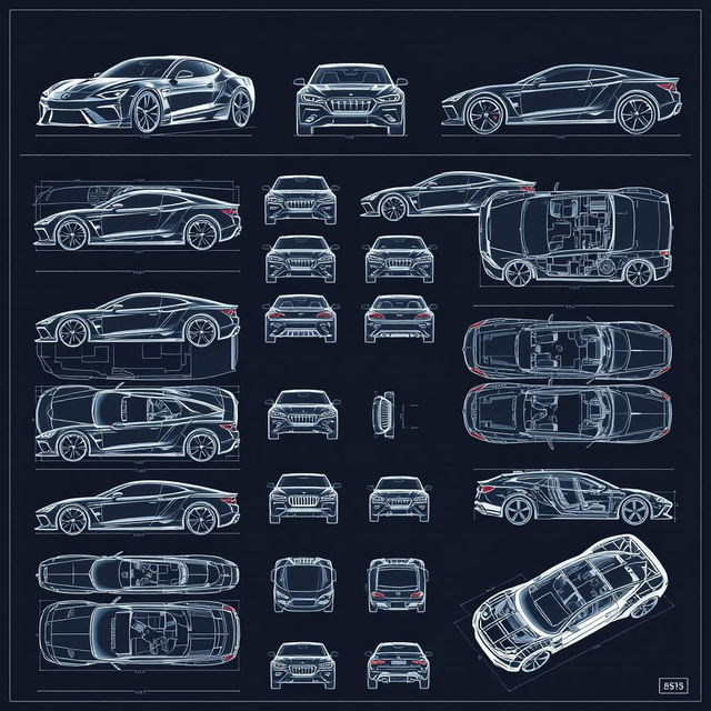 a complete collection of car body concept blueprints for a variety of vehicles, each from multiple angles