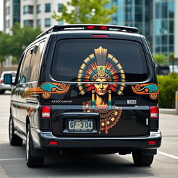 A 2001 Nissan Caravan E24 with a sleek black base color adorned with vibrant Aztec accents