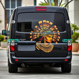 A 2001 Nissan Caravan E24 with a sleek black base color adorned with vibrant Aztec accents