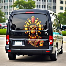 A 2001 Nissan Caravan E24 with a sleek black base color adorned with vibrant Aztec accents