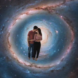 Aerial perspective portrait of two people in love, with a background composed of multiple galaxies and universes, illustrating their love in every universe.