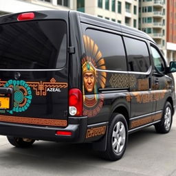 A 2001 Nissan Caravan E24 with a sleek black base color adorned with vibrant Aztec accents