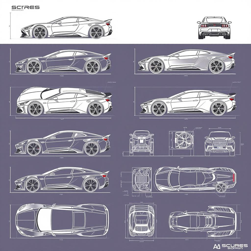 a detailed series of car body concept blueprints for multiple vehicles, each depicted from right, left, front, back, top, and bottom views