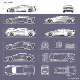 a detailed series of car body concept blueprints for multiple vehicles, each depicted from right, left, front, back, top, and bottom views