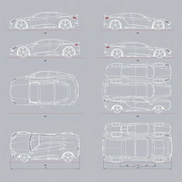 a detailed series of car body concept blueprints for multiple vehicles, each depicted from right, left, front, back, top, and bottom views