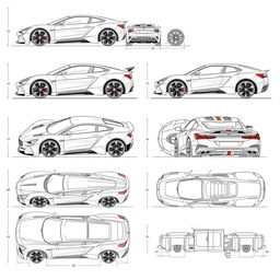 a detailed series of car body concept blueprints for multiple vehicles, each depicted from right, left, front, back, top, and bottom views