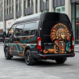 A 2001 Nissan Caravan E24 with a refined black base color, featuring eye-catching Aztec accents that adorn its sleek body