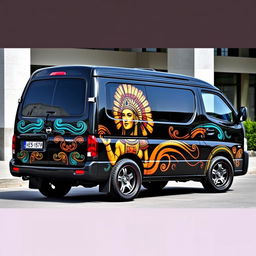 A 2001 Nissan Caravan E24 with a refined black base color, featuring eye-catching Aztec accents that adorn its sleek body