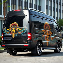 A 2001 Nissan Caravan E24 with a refined black base color, featuring eye-catching Aztec accents that adorn its sleek body