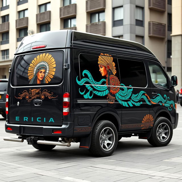A 2001 Nissan Caravan E24 with a refined black base color, featuring eye-catching Aztec accents that adorn its sleek body