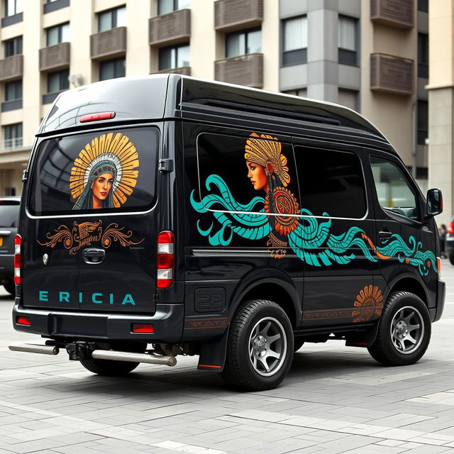 A 2001 Nissan Caravan E24 with a refined black base color, featuring eye-catching Aztec accents that adorn its sleek body