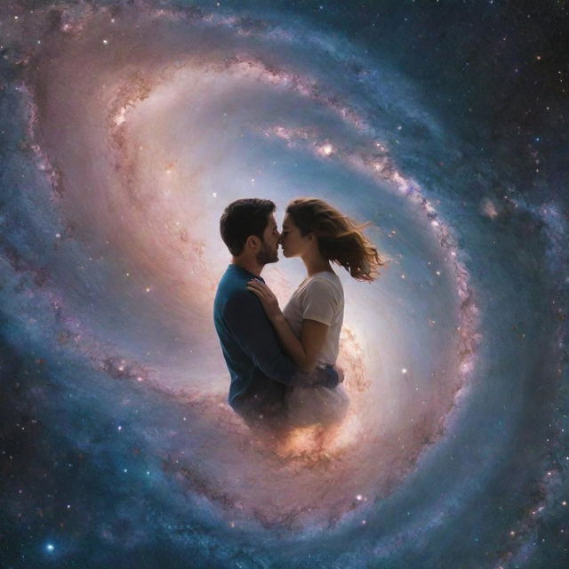 Aerial perspective portrait of two people in love, with a background composed of multiple galaxies and universes, illustrating their love in every universe.