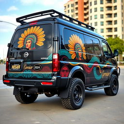 A 2001 Nissan Caravan E24 featuring a sleek black base color beautifully enhanced with vibrant Aztec accents